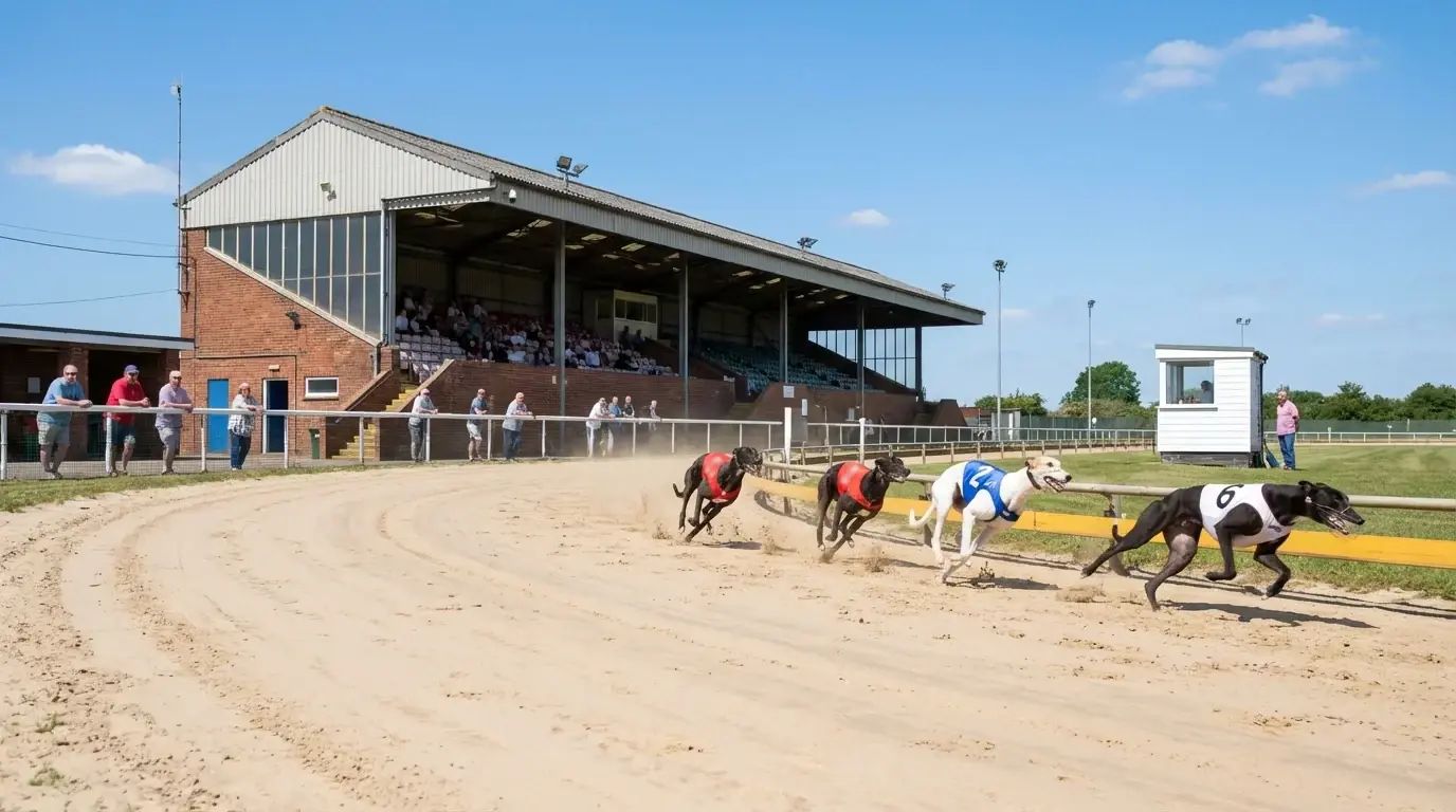 Daytime greyhound race in progress at a UK BAGS track