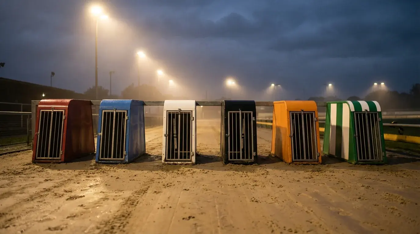 Greyhound racing starting traps about to open at a UK track