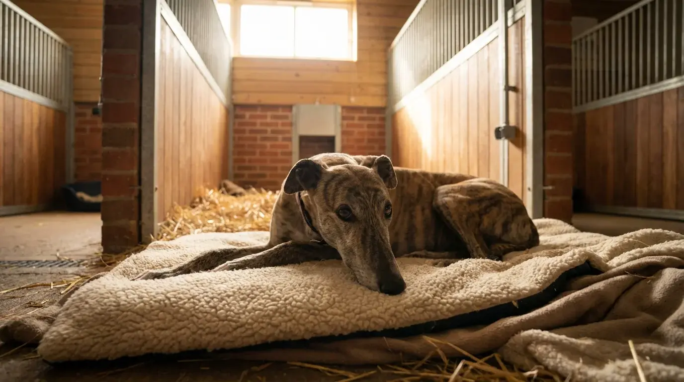 Female greyhound resting in a kennel at a UK greyhound racing stadium