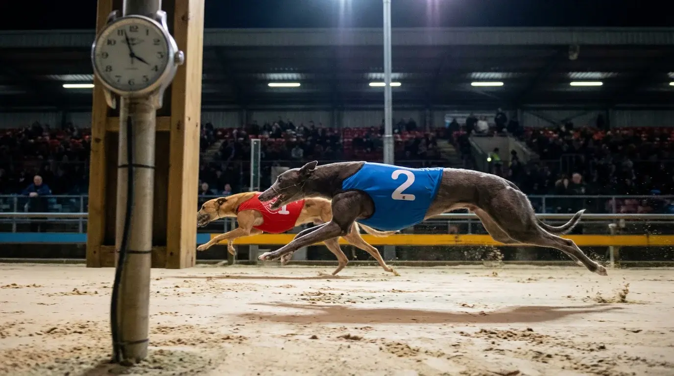 Greyhound finishing in second place at a UK dog racing track