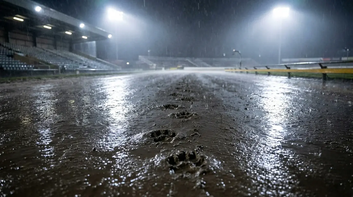 Wet sand greyhound track surface under floodlights showing heavy going conditions