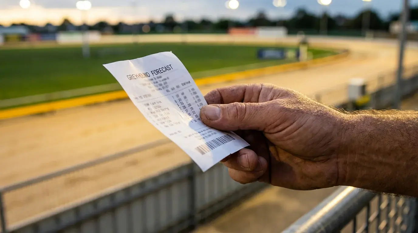 Close-up of a hand holding a betting slip at a greyhound racing stadium with the track in the background