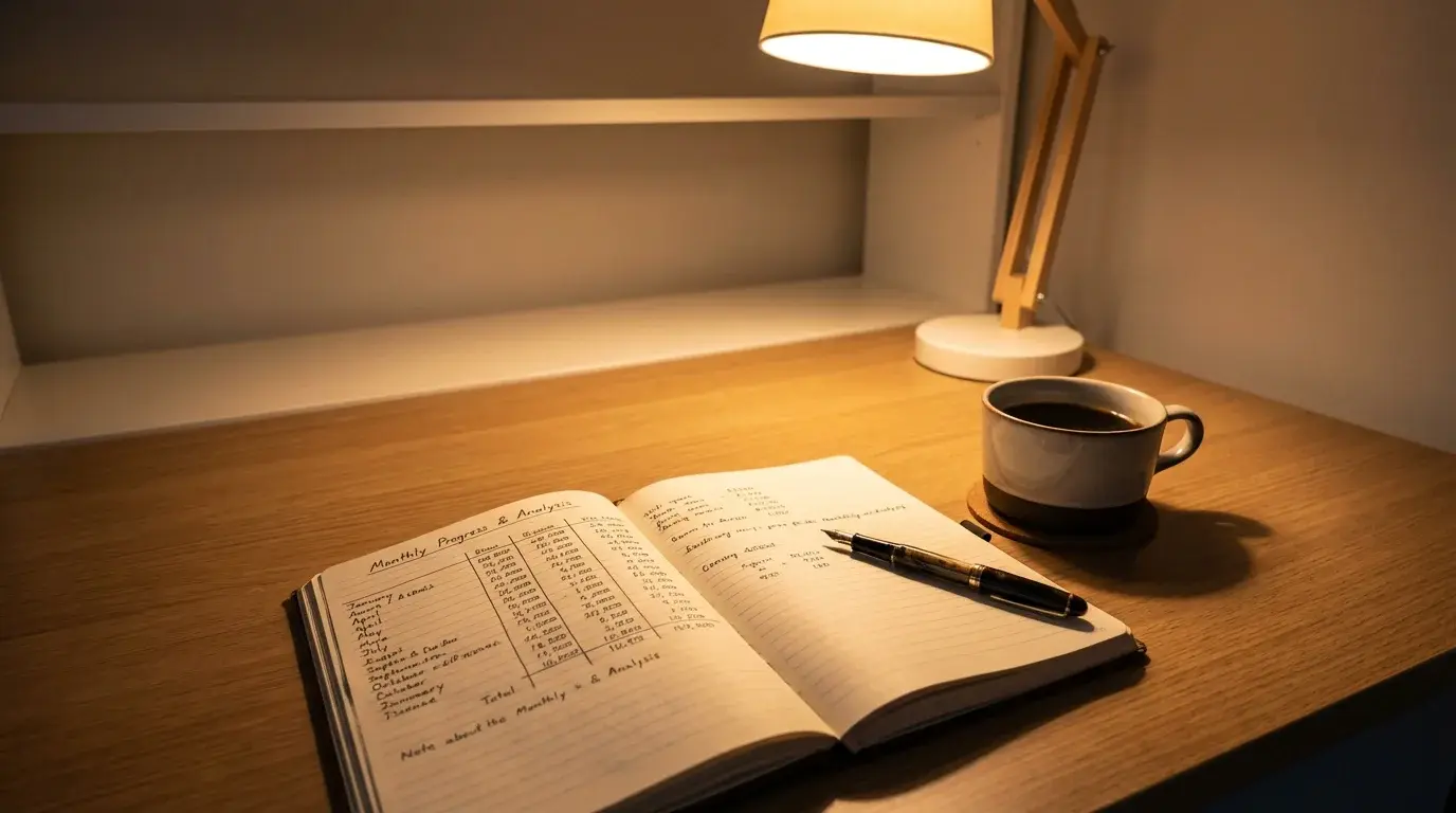 Person organising a betting notebook with records at a tidy desk