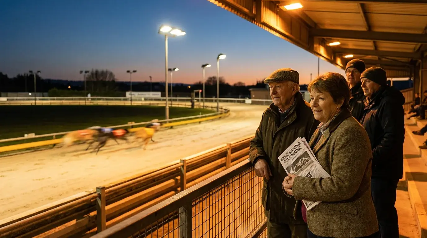 Spectators watching greyhound racing from the stands at a UK dog track