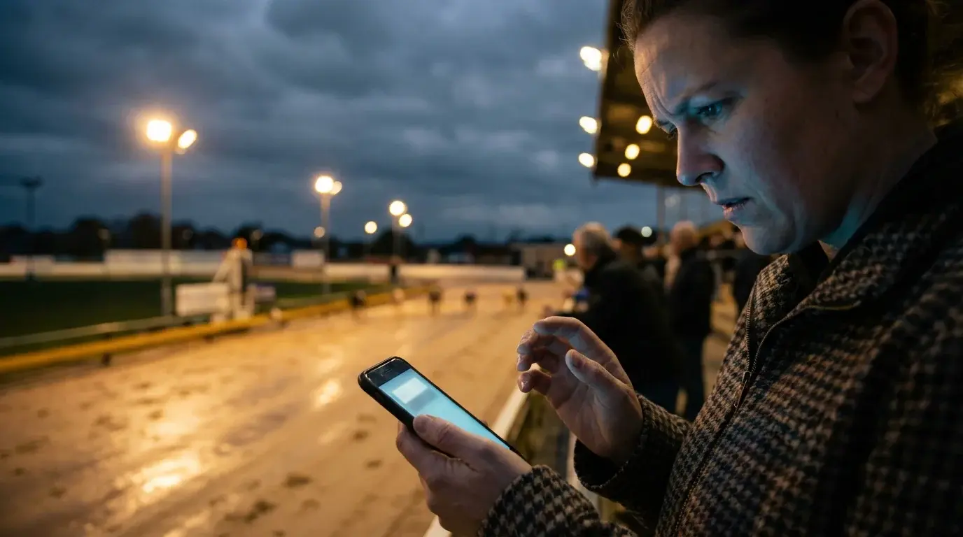 Person comparing betting options on a phone at a UK greyhound stadium