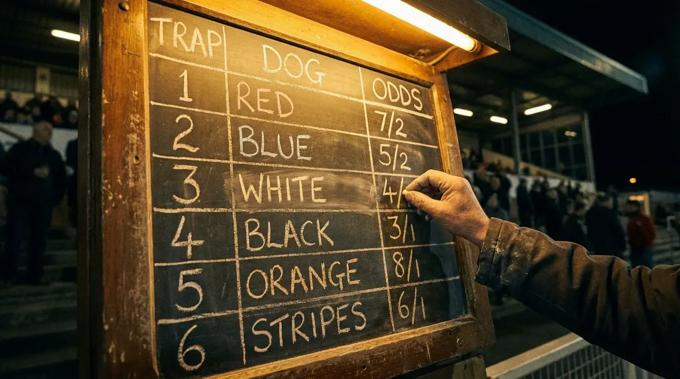 Bookmaker odds board at a UK greyhound racing stadium