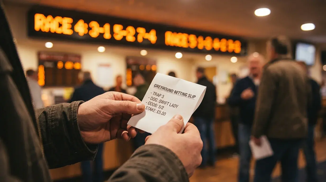 Punter holding a greyhound betting slip at a UK track with odds board visible in the background