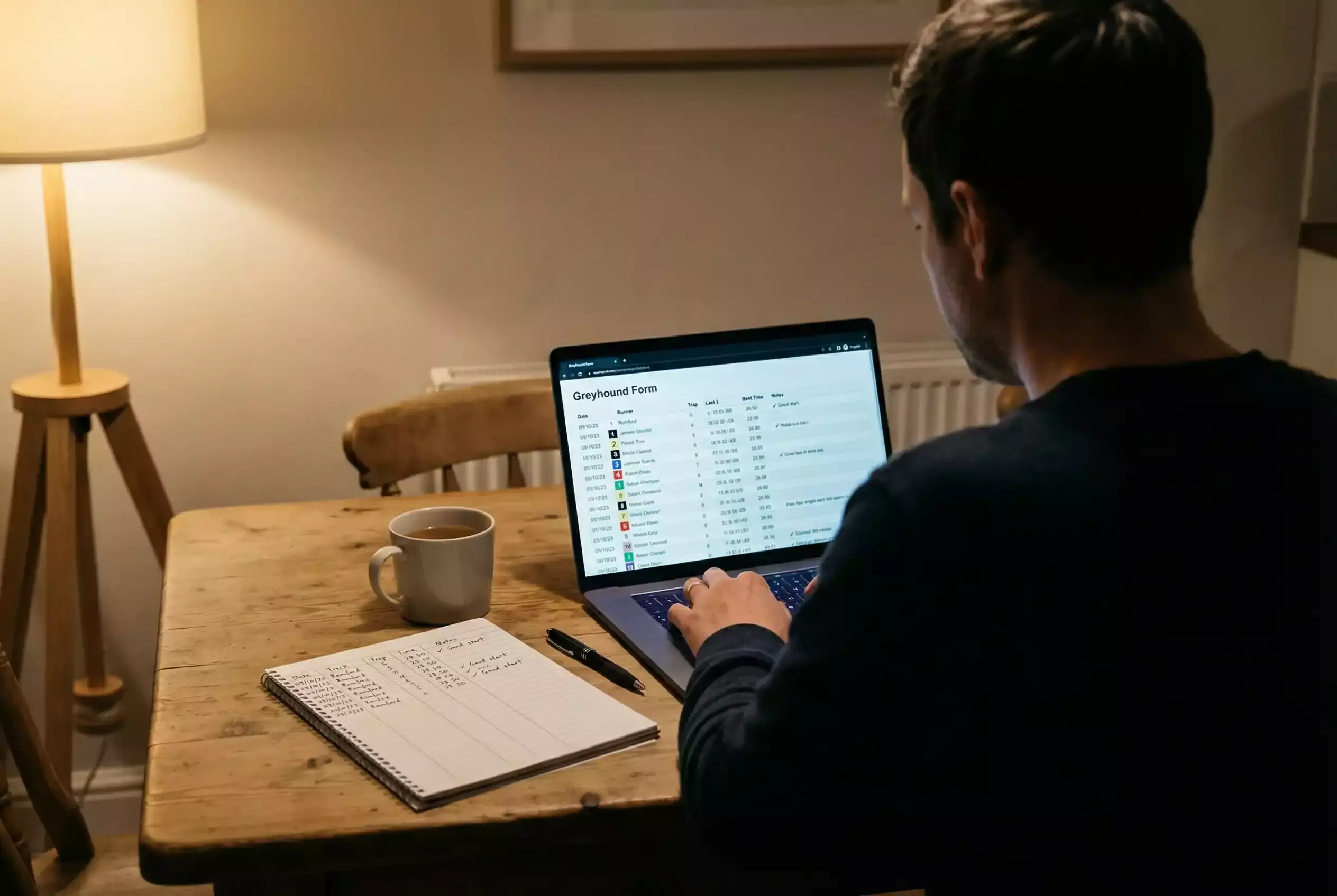 Person studying greyhound racing form on a laptop with a notebook and pen beside them