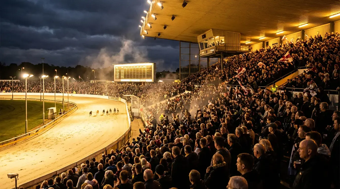 Greyhound Derby final race at a packed UK stadium under floodlights