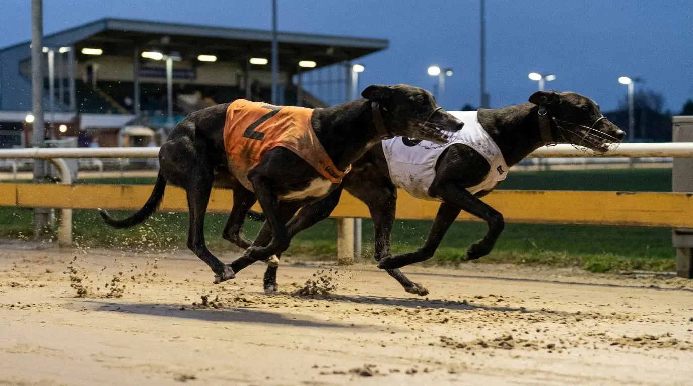 Two greyhounds racing side by side at a UK greyhound track
