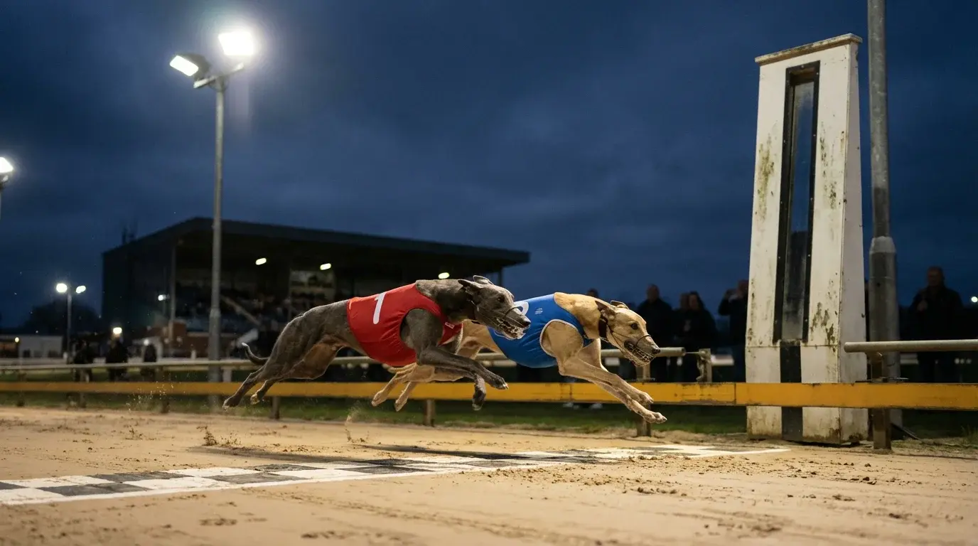 Two greyhounds crossing the finish line nose to nose at a UK dog track