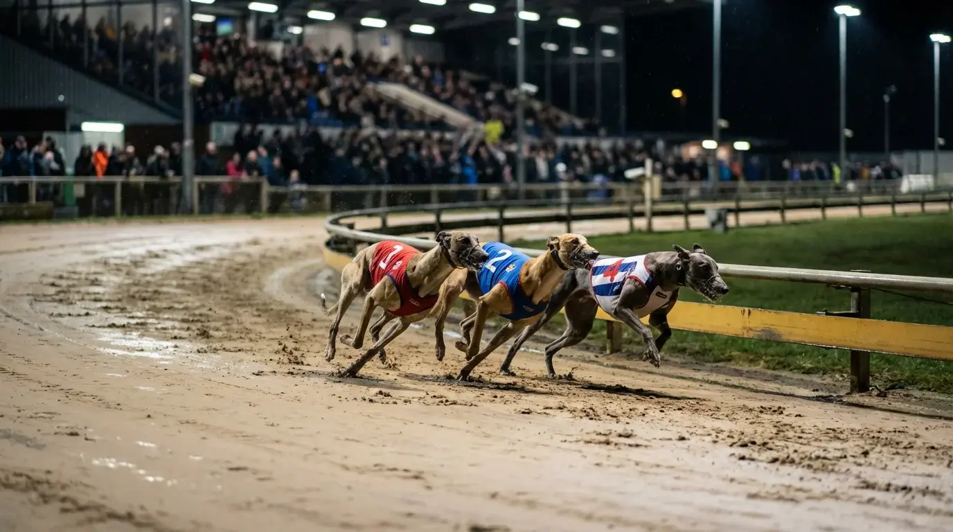 Greyhounds racing on a sand track at a UK stadium showing different class levels