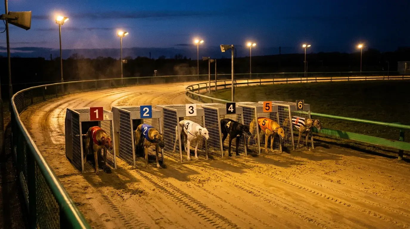 Greyhound racing starting traps with six dogs ready to race on a UK sand track under floodlights