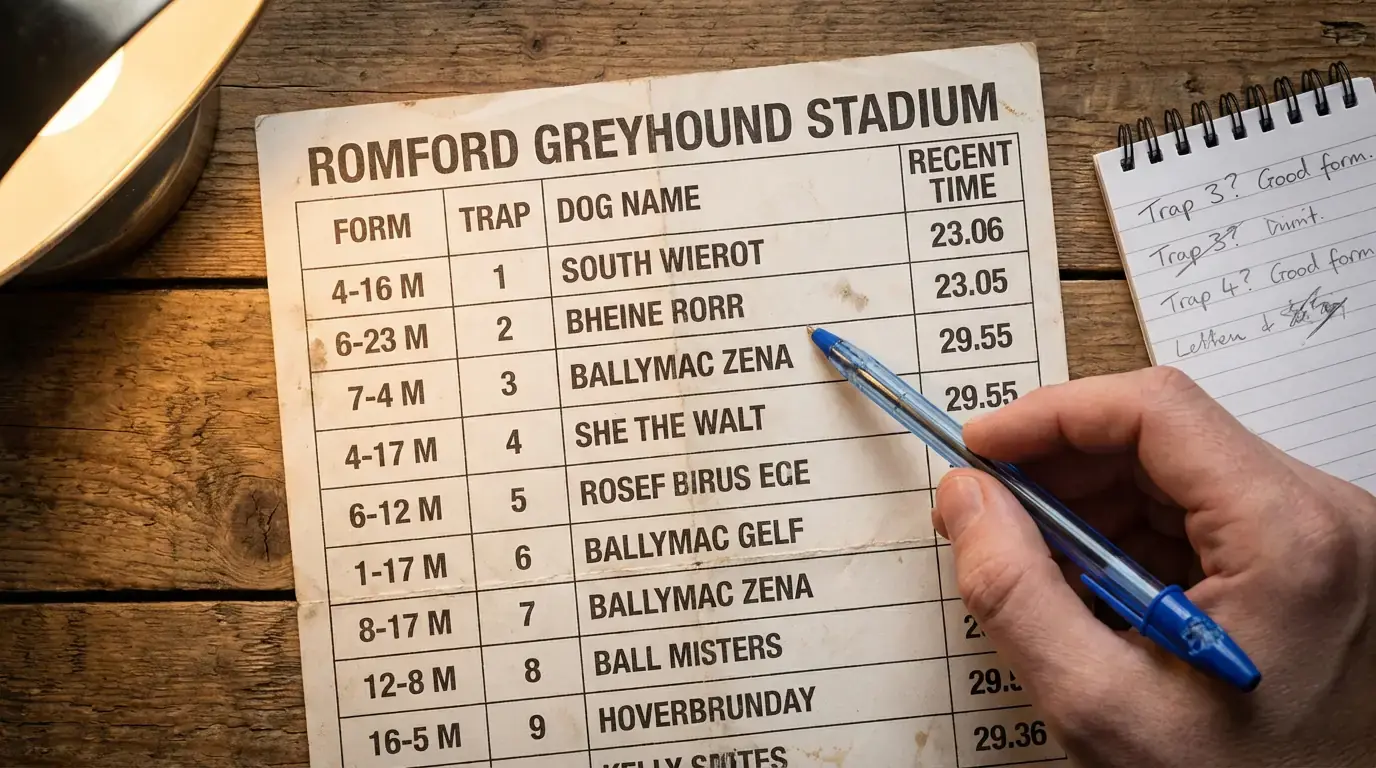 Close-up of a UK greyhound race card showing form figures, trap numbers and recent times