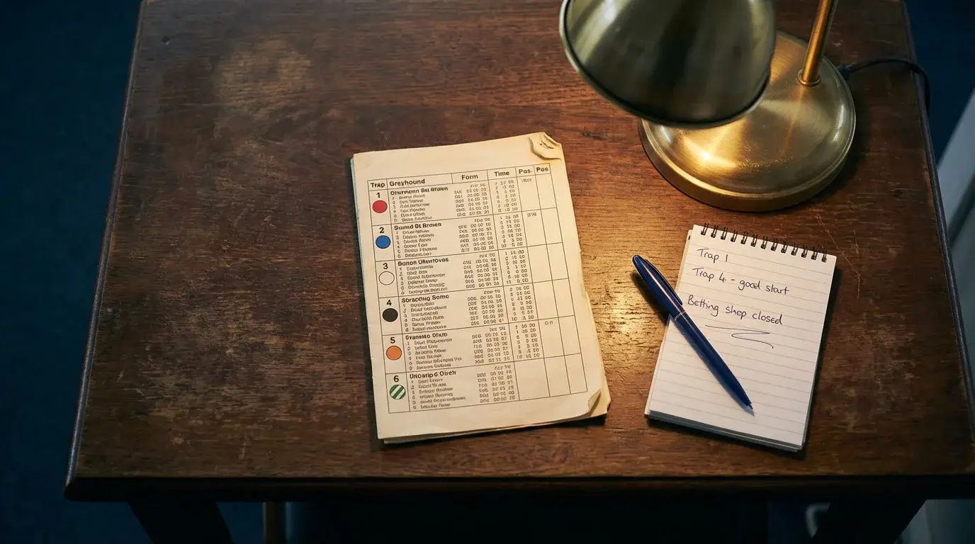 Greyhound race card with form figures and trap numbers on a desk at a UK dog track