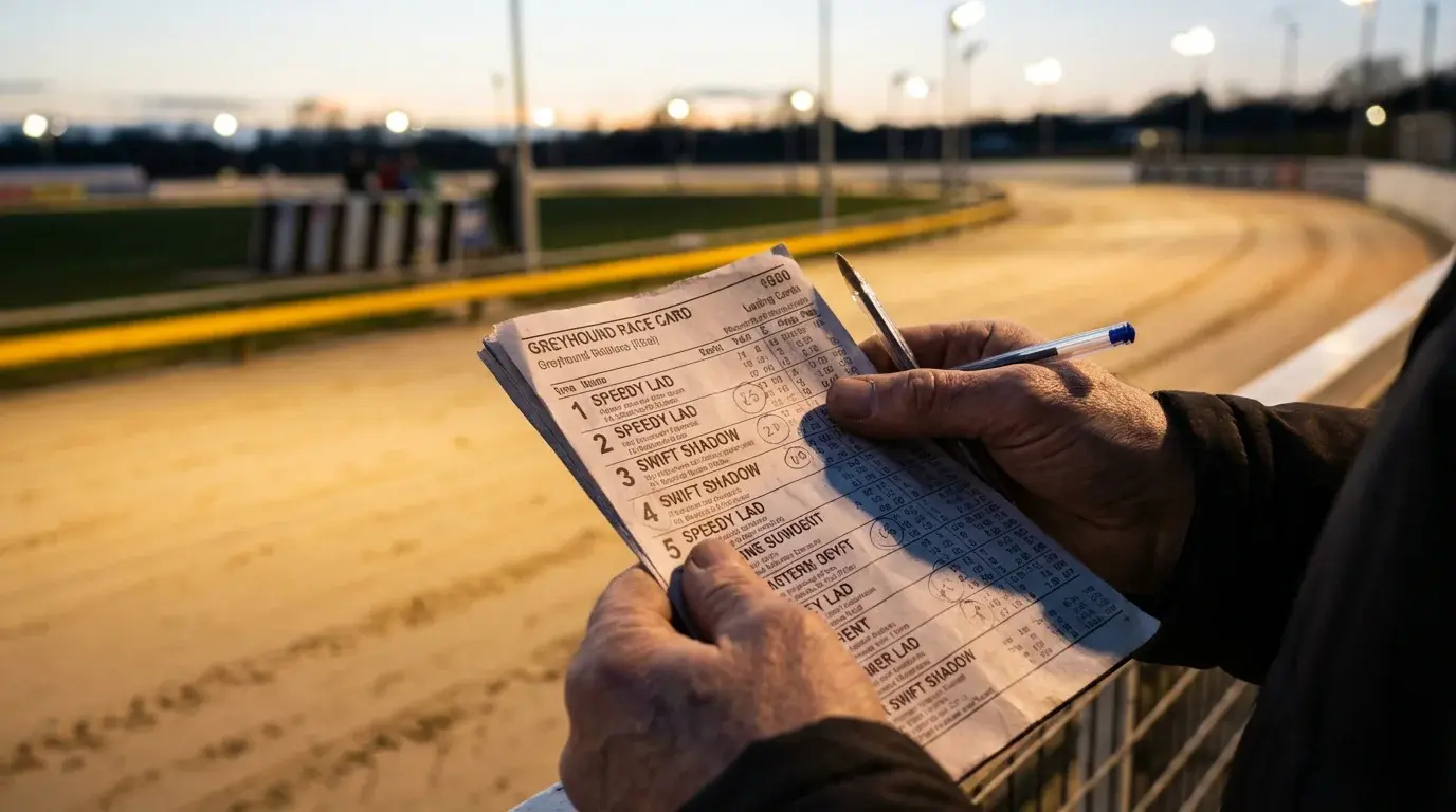 Close-up of a person studying a greyhound race card at a UK dog track with a pen in hand