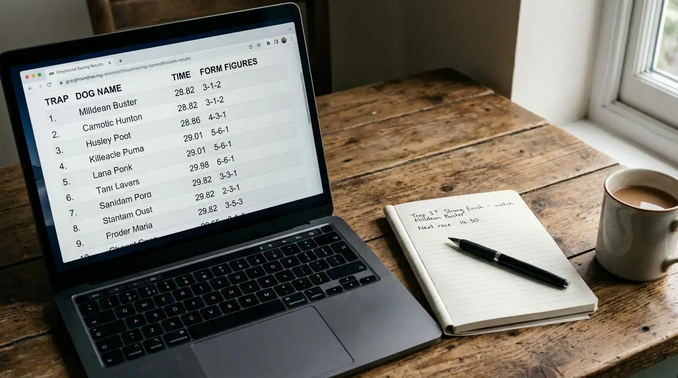 Laptop screen showing greyhound racing form data with a notebook and pen beside it on a desk