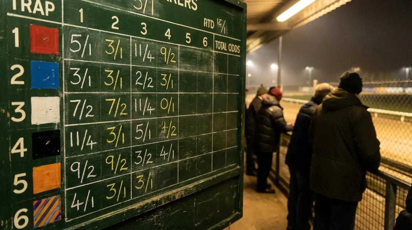 Greyhound racing odds displayed on a bookmaker board at a UK dog track with blurred spectators