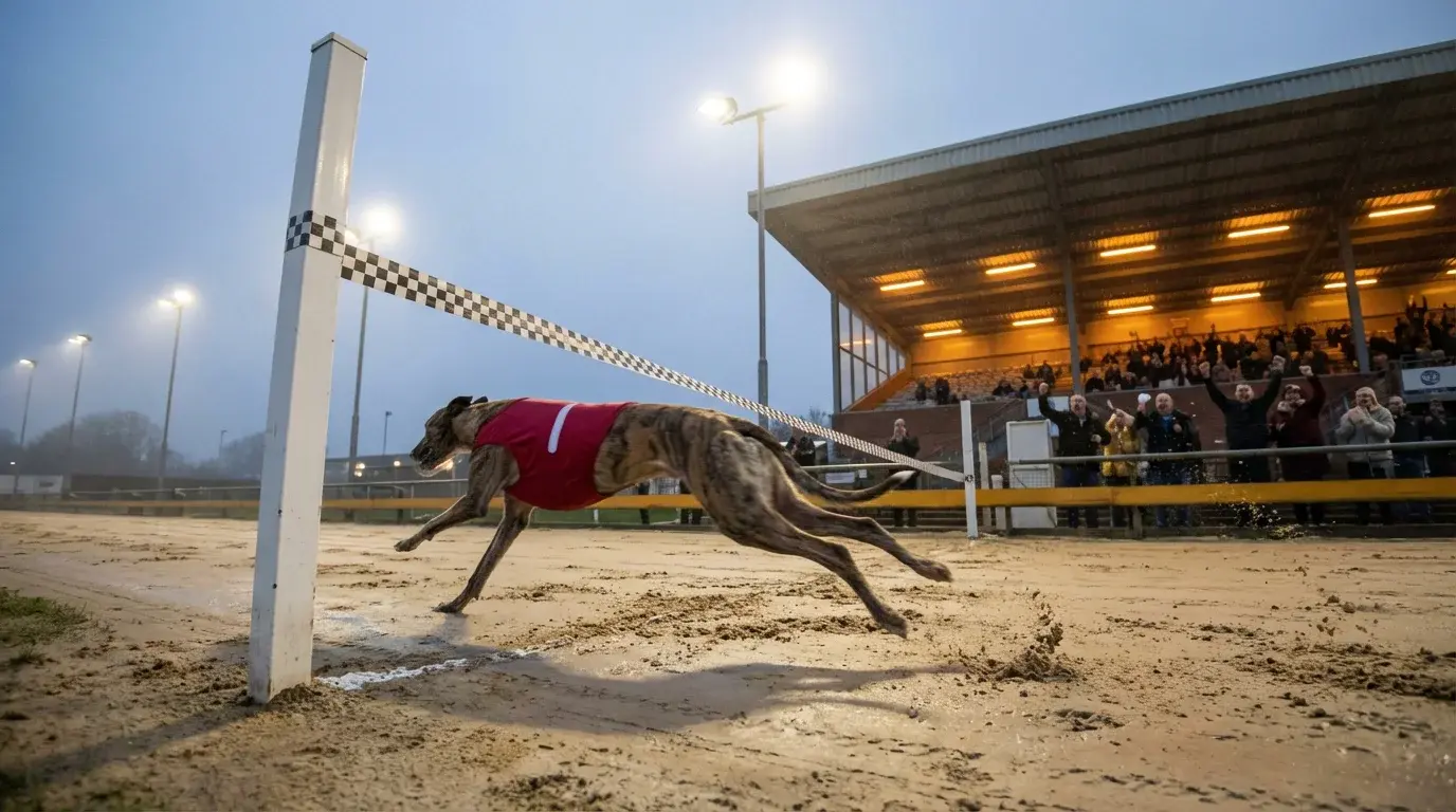 Greyhound crossing the finish line first at a UK racing stadium