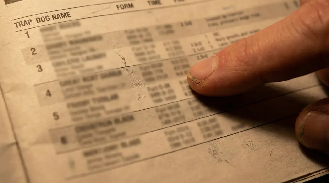 Close-up of a printed greyhound race card showing terms and abbreviations