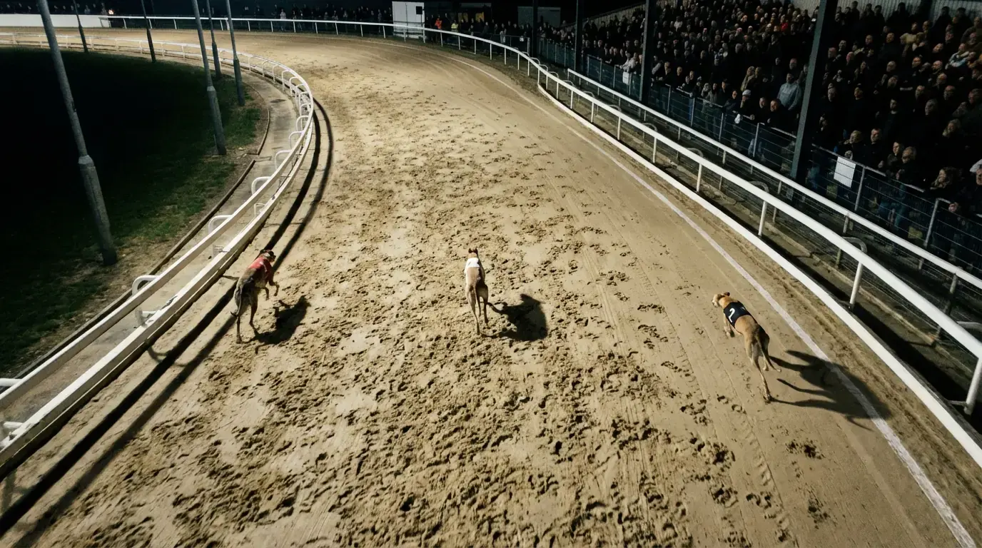 Greyhounds running different lines on a sand track showing railer middle and wide positions