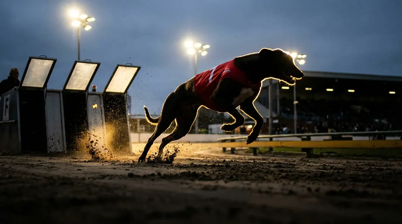 Greyhound sprinting out of the traps at a UK track showing early pace