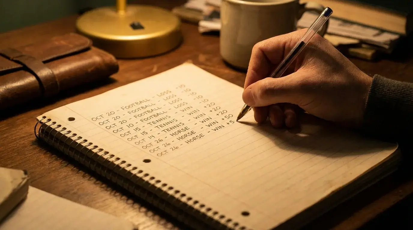 Person writing a greyhound betting record in a notebook with a pen