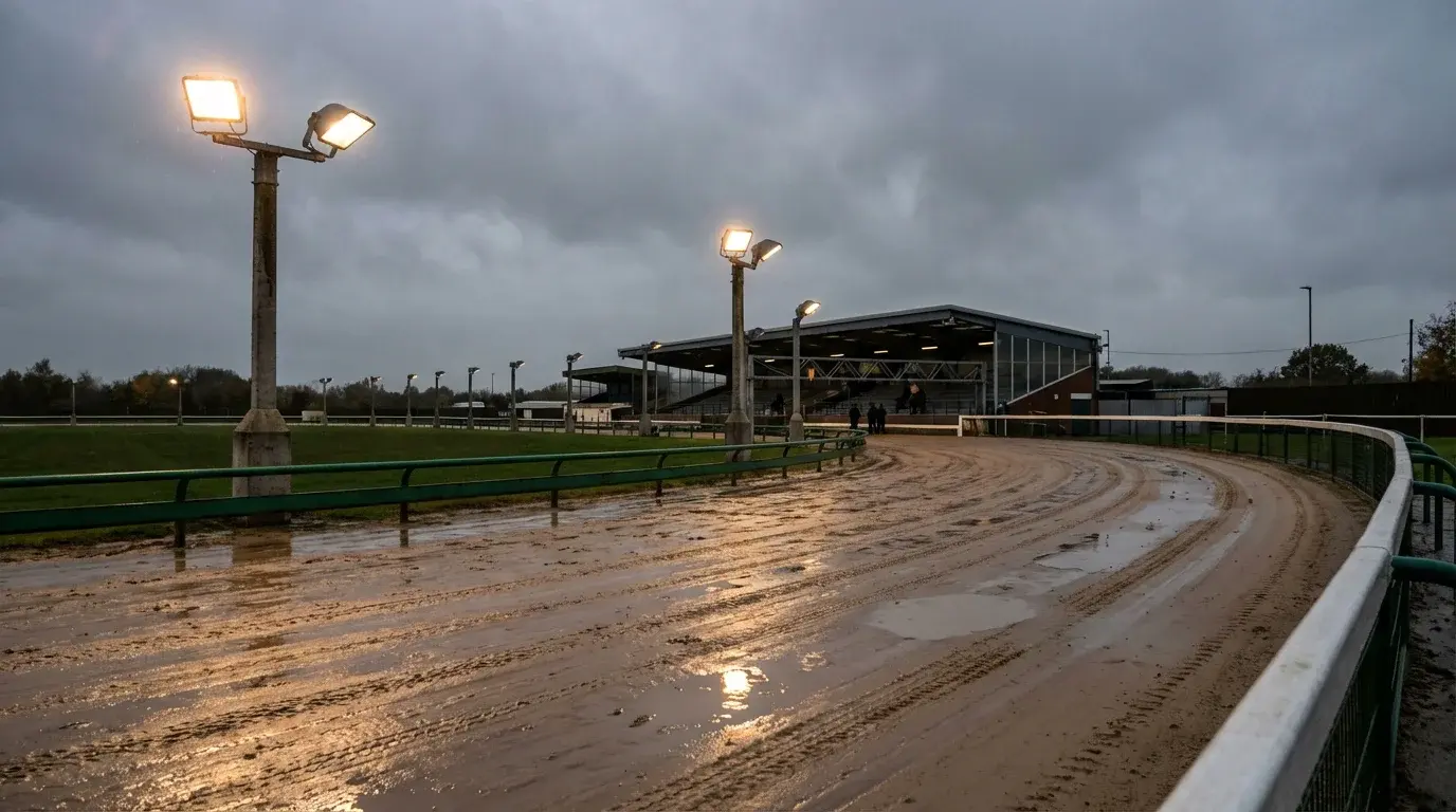 Wet sand surface on a UK greyhound track with visible rain puddles and floodlights reflecting off the track