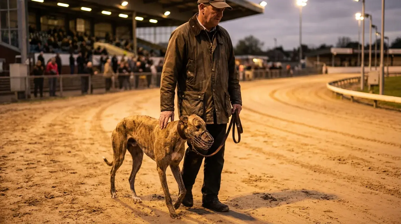 Greyhound trainer walking a racing dog on a lead at a UK track paddock
