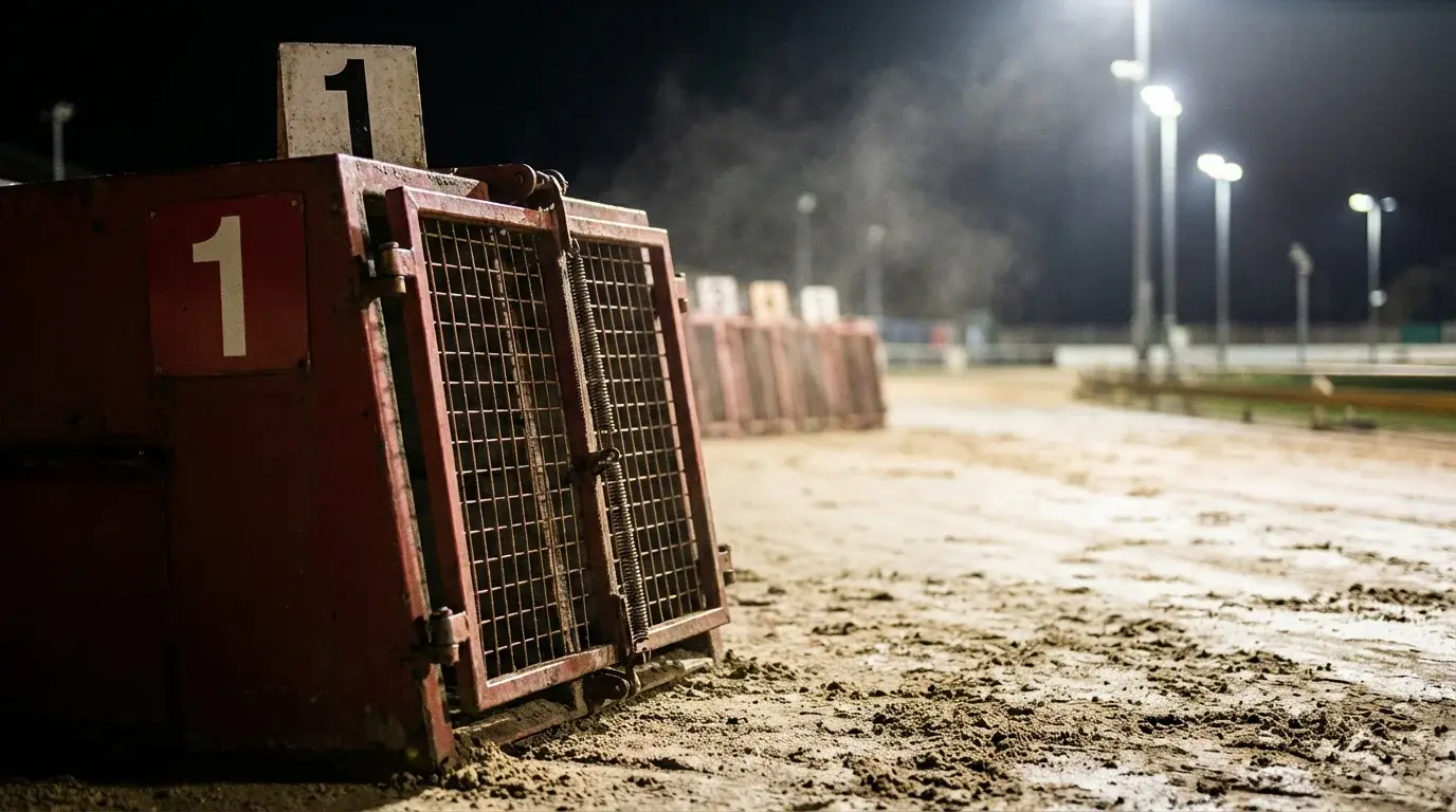 Row of greyhound starting traps with one door highlighted at a UK track