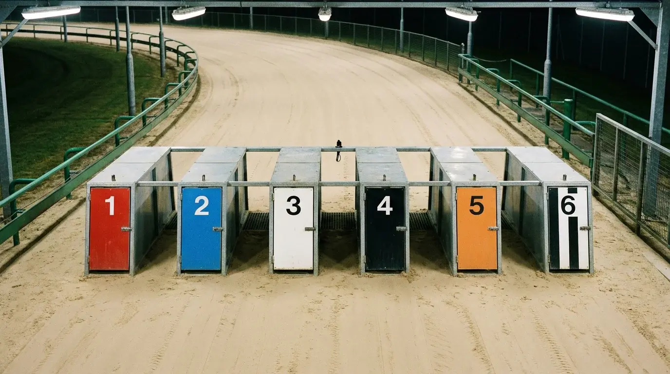 Six greyhound starting traps numbered one to six on a UK sand racing track viewed from behind