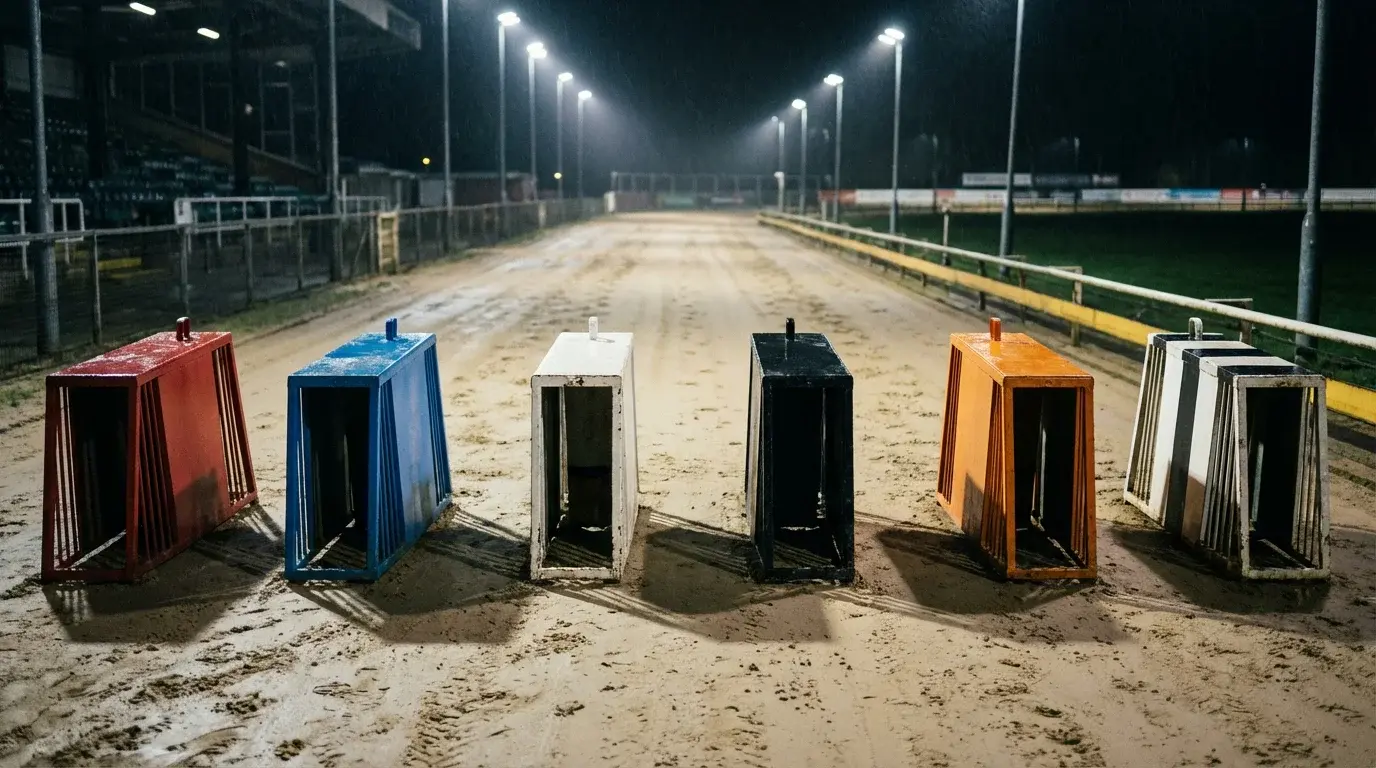 Six coloured greyhound starting traps at a UK dog racing track under floodlights