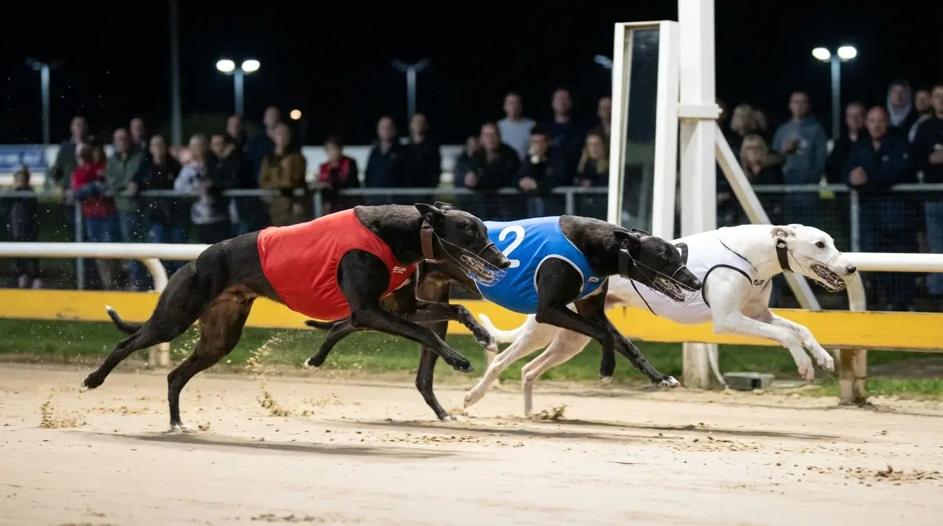 Three greyhounds finishing a race in order at a UK greyhound track