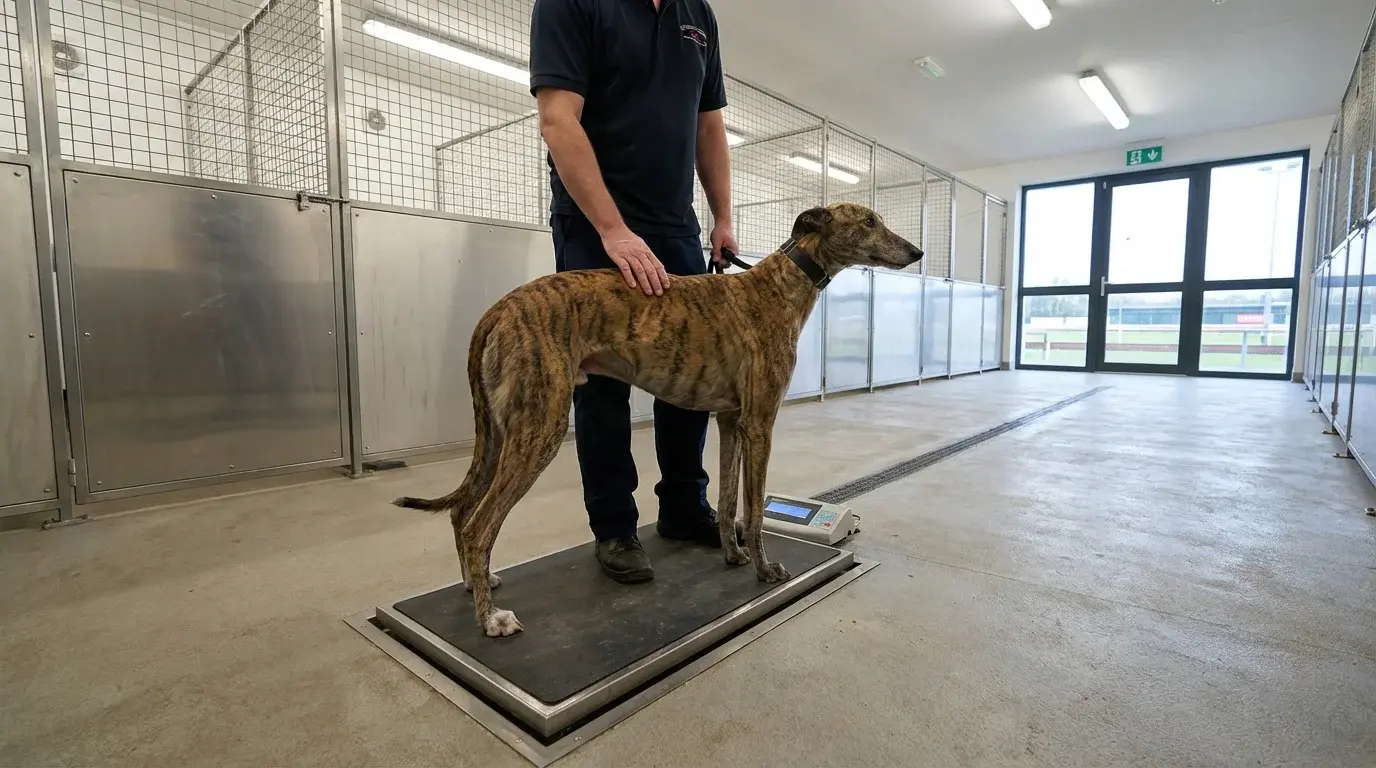Lean fit greyhound standing on a weighing platform at a UK track kennel