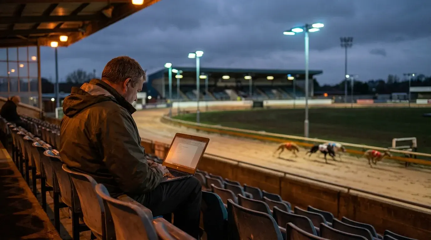 Person using a laptop to place exchange bets at a greyhound racing stadium