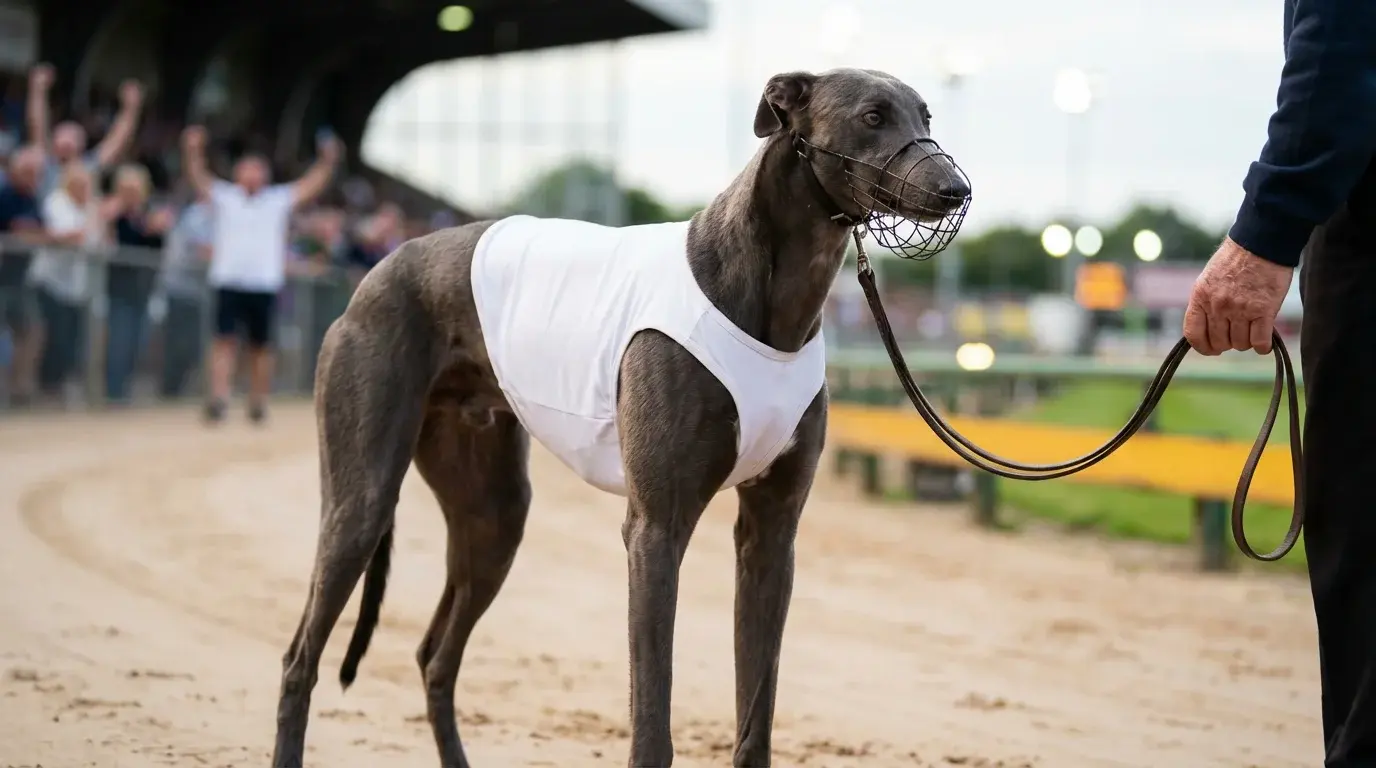 Young greyhound in a racing jacket at a UK track looking alert and lean