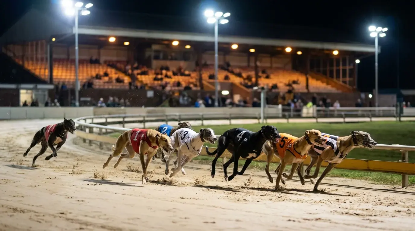 Greyhound dogs racing around a bend on a sand track at a UK stadium under floodlights