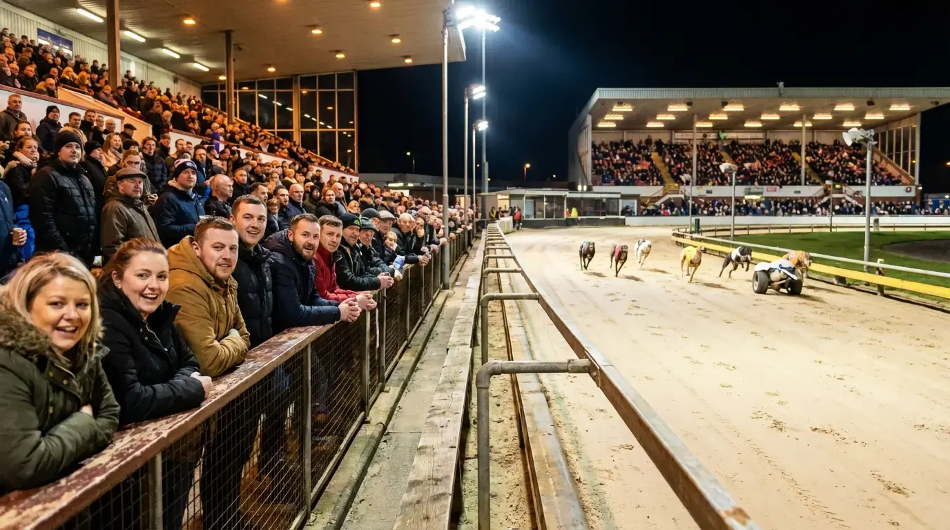 Spectators watching a live greyhound race from the trackside rail at a UK stadium